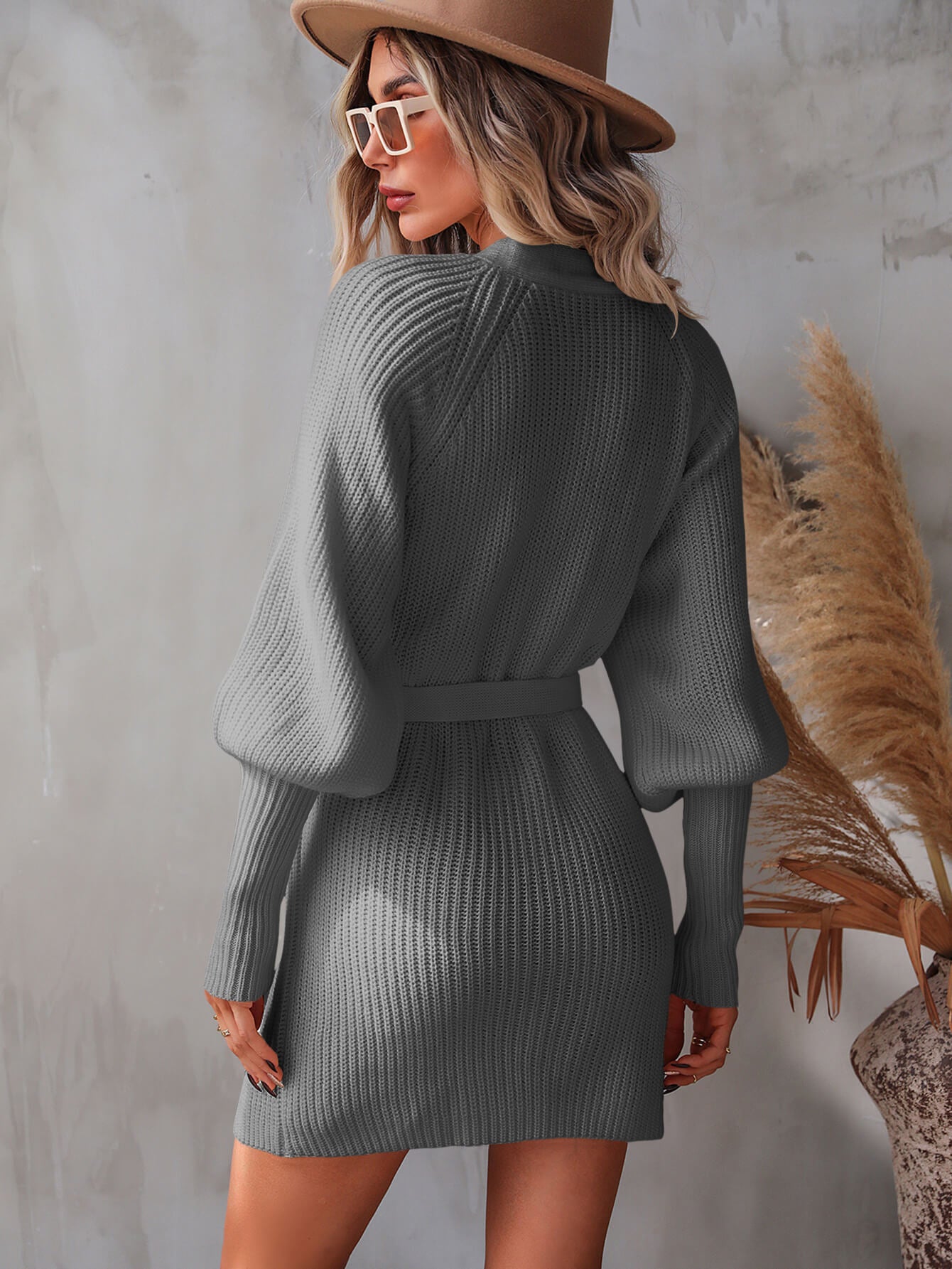 Belted Surplice Lantern Sleeve Wrap Sweater Dress - The Boutie Shop