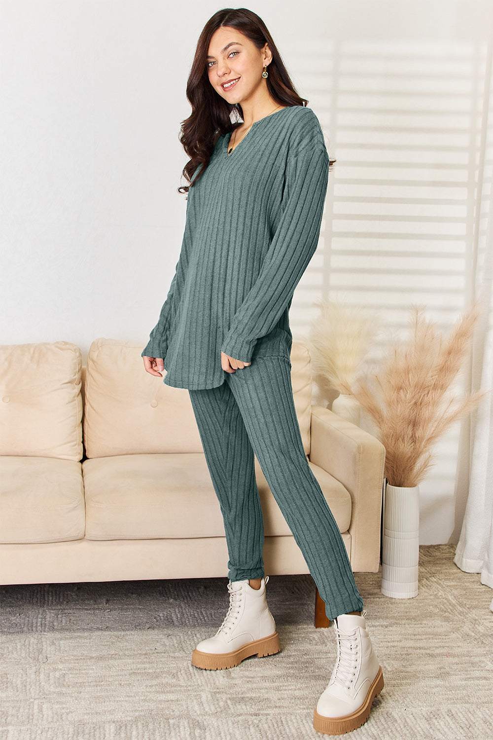 Basic Bae Full Size Notched Long Sleeve Top and Pants Set - The Boutie Shop