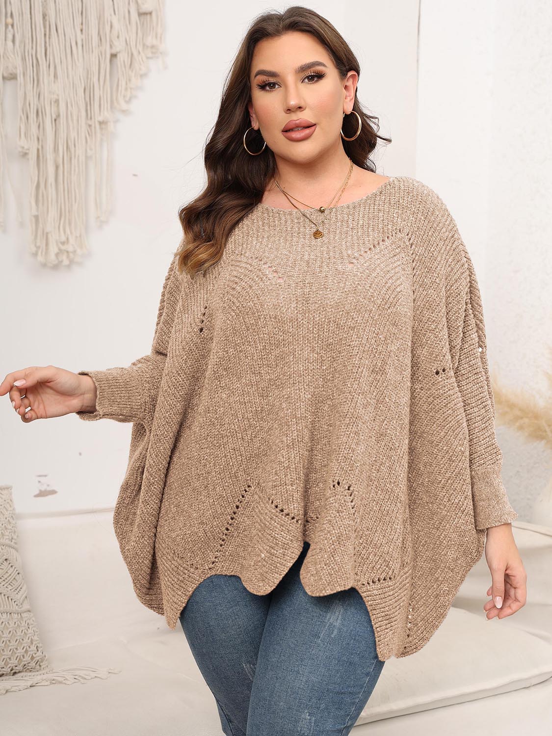 Plus Size Round Neck Batwing Sleeve Sweater - The Boutie Shop