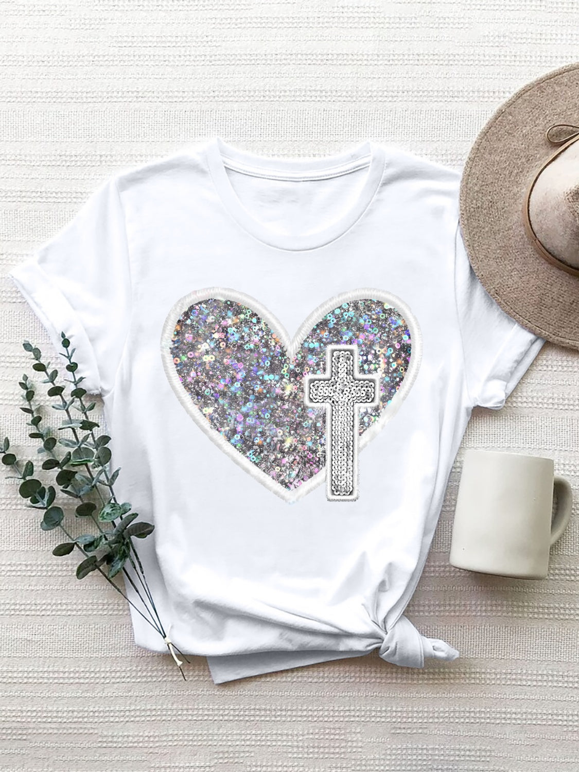 Graphic Heart Round Neck Short Sleeve T-Shirt - The Boutie Shop