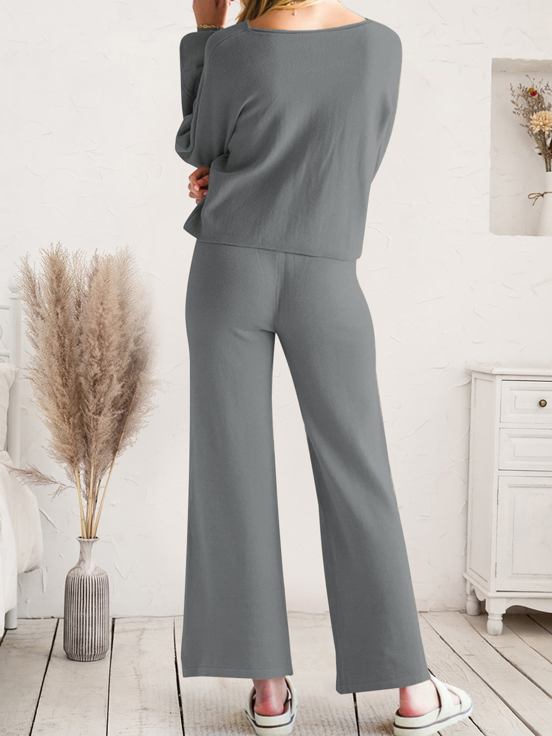 Long Sleeve Lounge Top and Drawstring Pants Set - The Boutie Shop