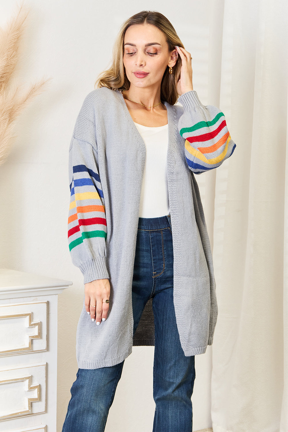 Angel Wings Multicolored Stripe Open Front Longline Cardigan - The Boutie Shop