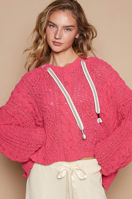 POL Cable Knit Hooded Chenille Sweater - The Boutie Shop