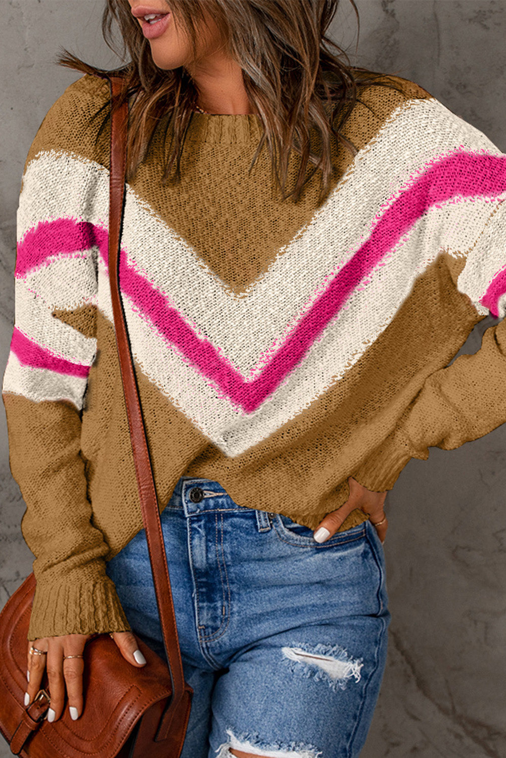 Contrast Round Neck Dropped Shoulder Sweater - The Boutie Shop