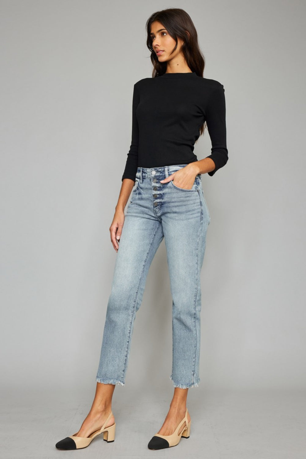 Kancan High Waist Button Fly Raw Hem Cropped Straight Jeans - The Boutie Shop