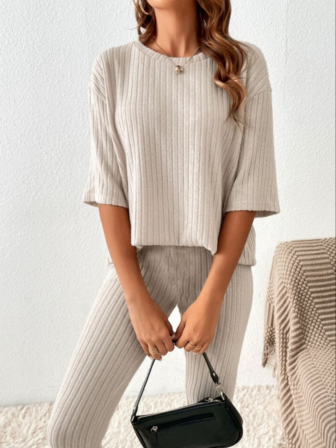 Ribbed Round Neck T-Shirt and Pants Lounge Set - The Boutie Shop