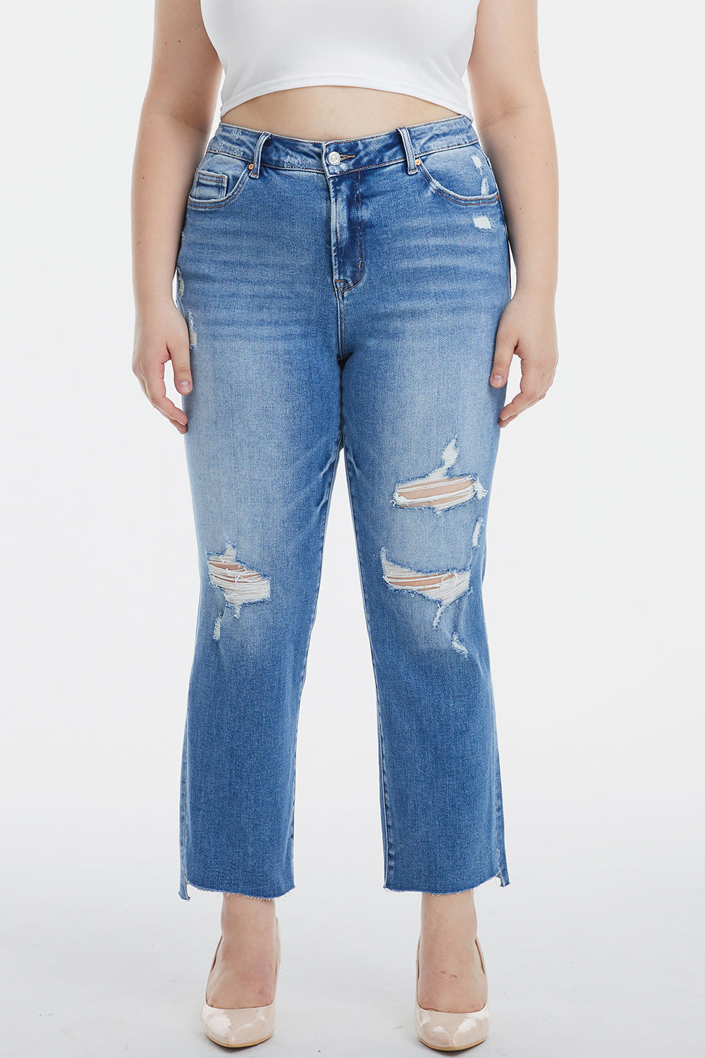 BAYEAS Full Size Mid Waist Distressed Ripped Straight Jeans - The Boutie Shop