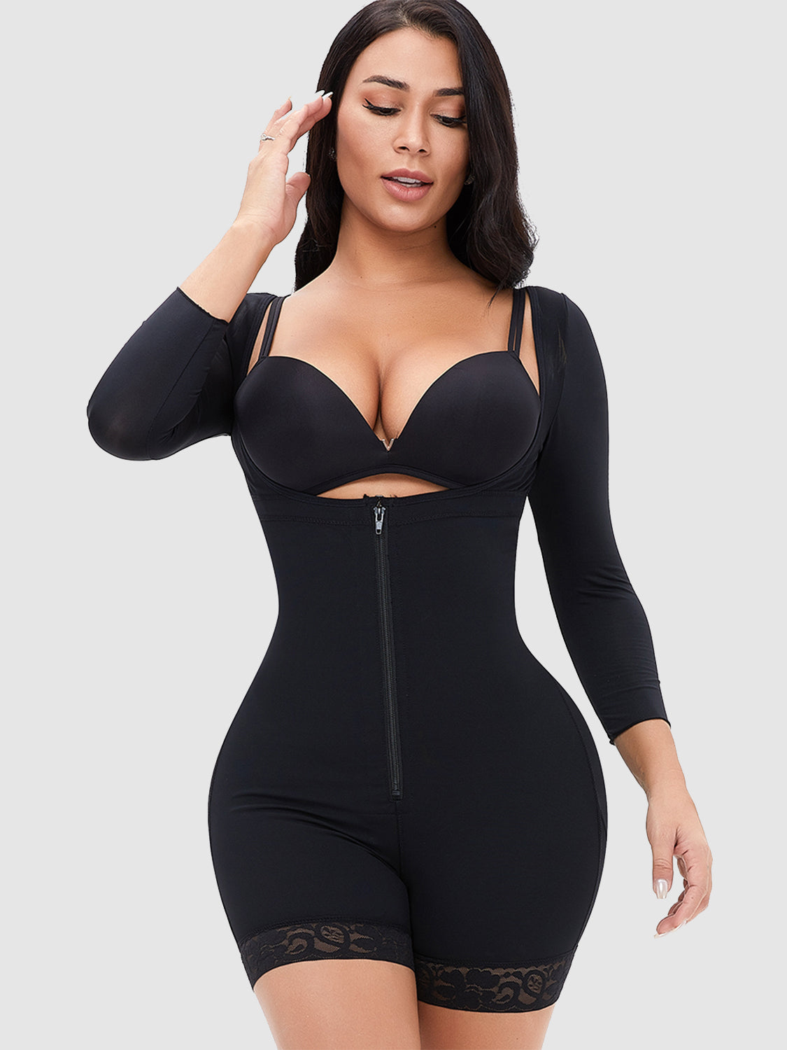 Full Size Zip Up Lace Detail Long Sleeve Shapewear - The Boutie Shop