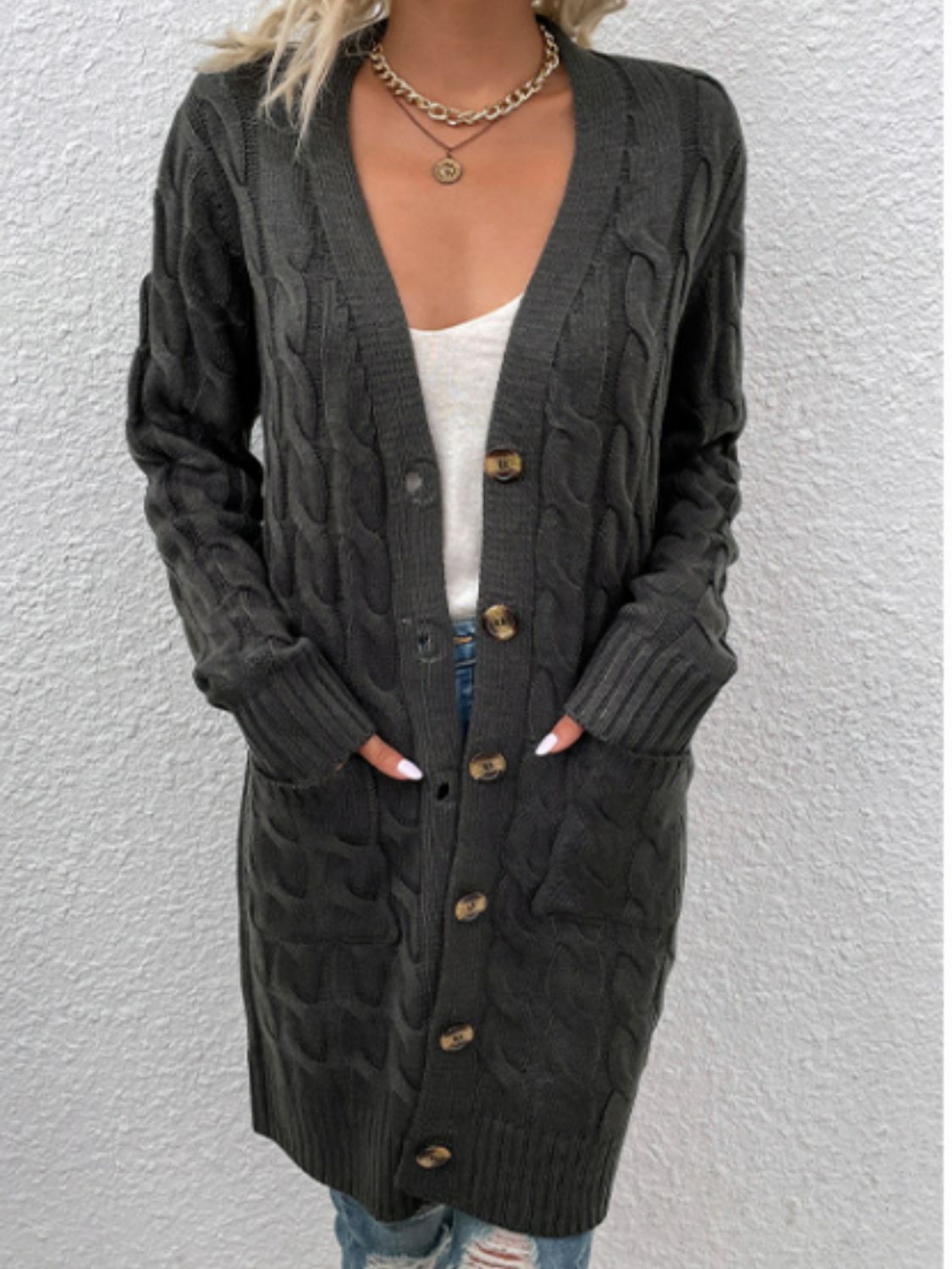 Cable-Knit Button Down Cardigan with Pockets - The Boutie Shop