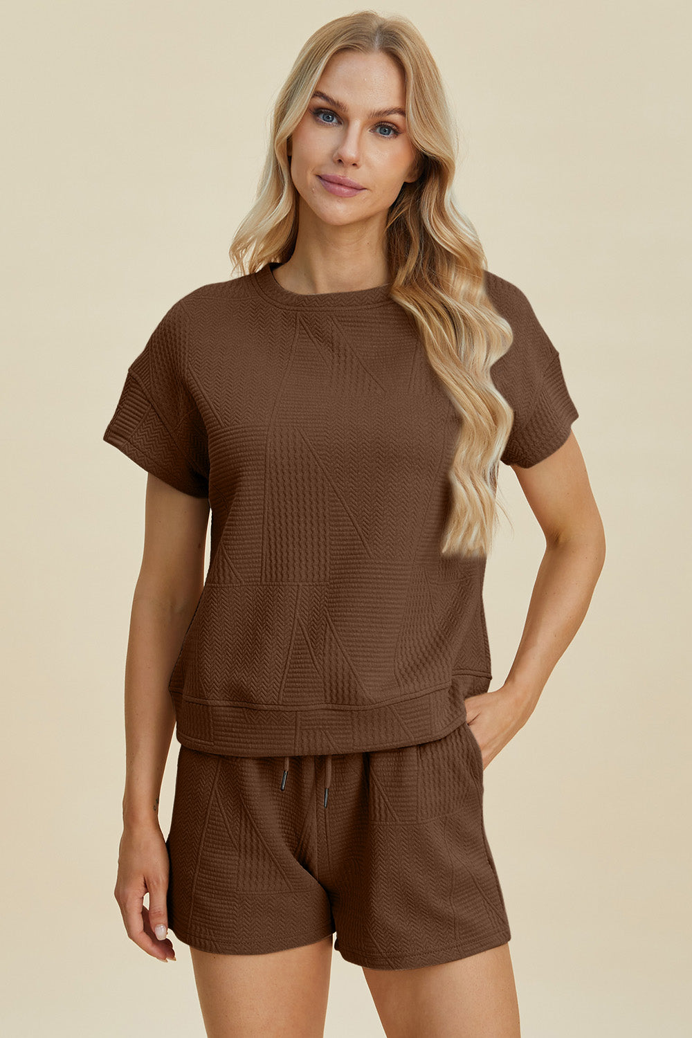 Double Take Full Size Texture Short Sleeve Top and Shorts Set - The Boutie Shop