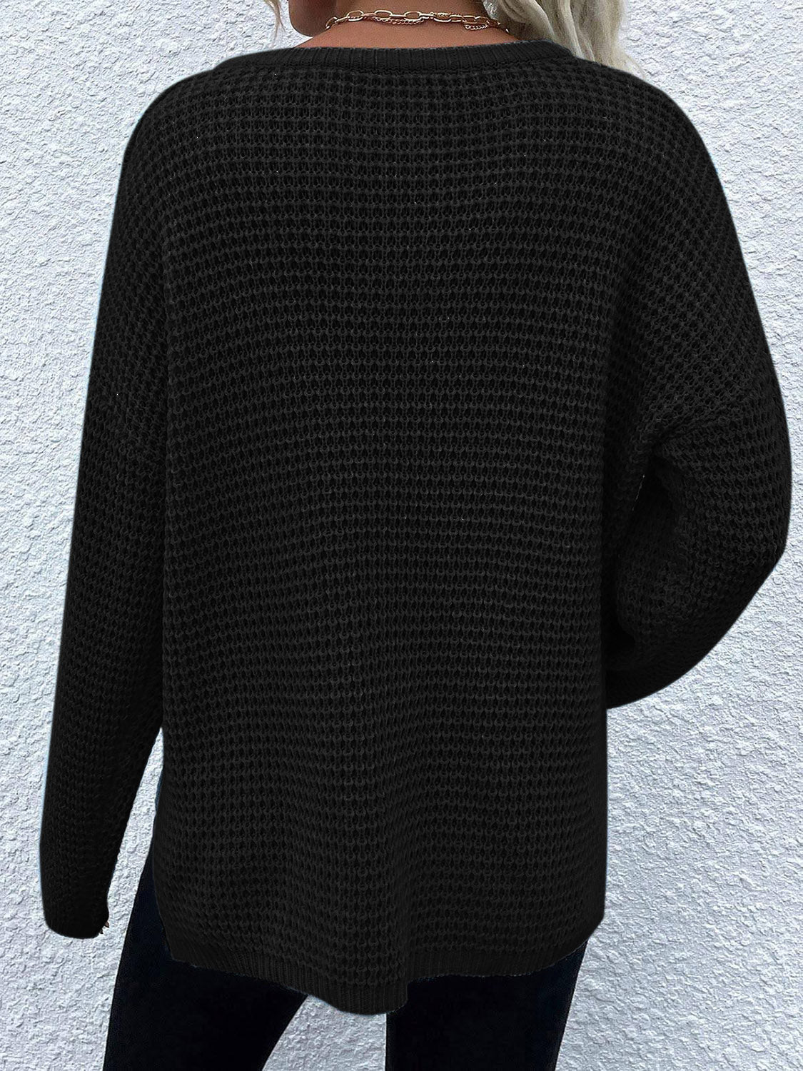 Notched Long Sleeve Sweater - The Boutie Shop