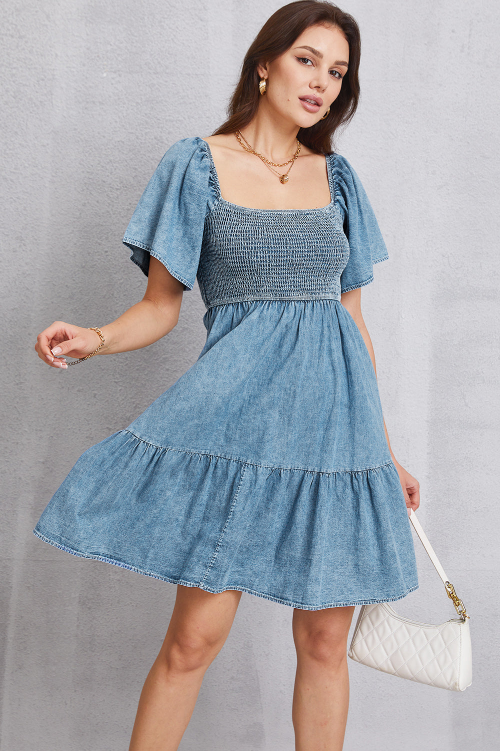 Smocked Square Neck Mini Denim Dress - The Boutie Shop