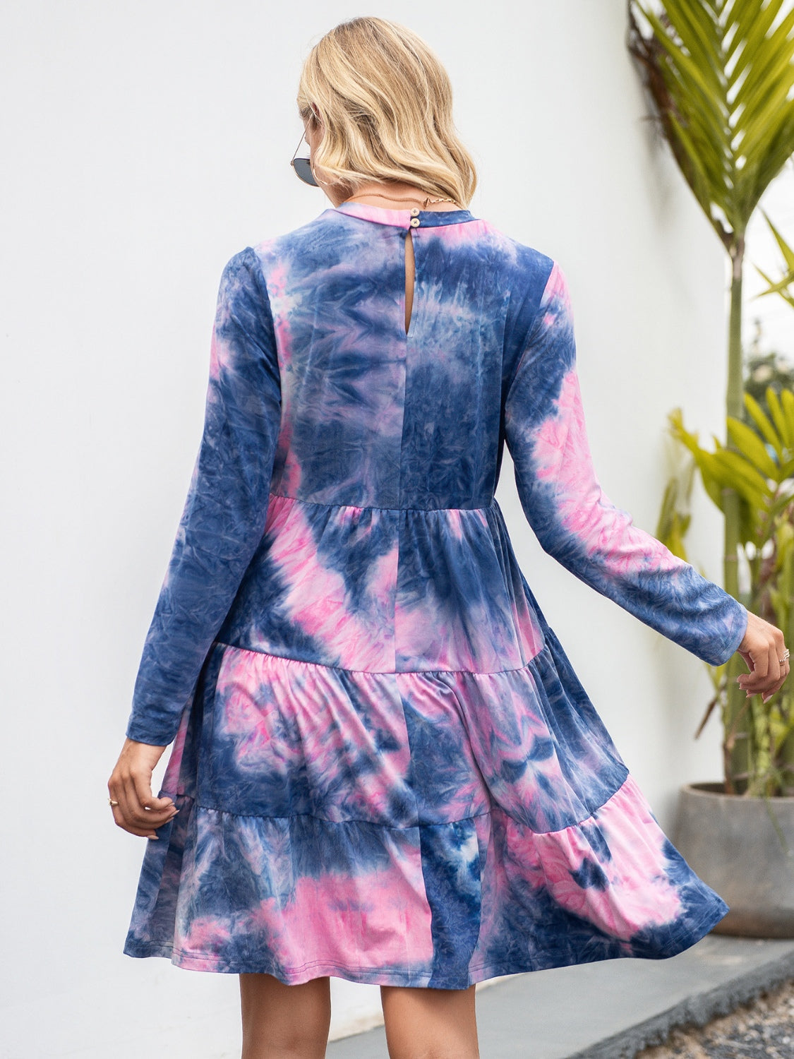 Ivy Lane Tie-Dye Round Neck Long Sleeve Tiered Dress - The Boutie Shop