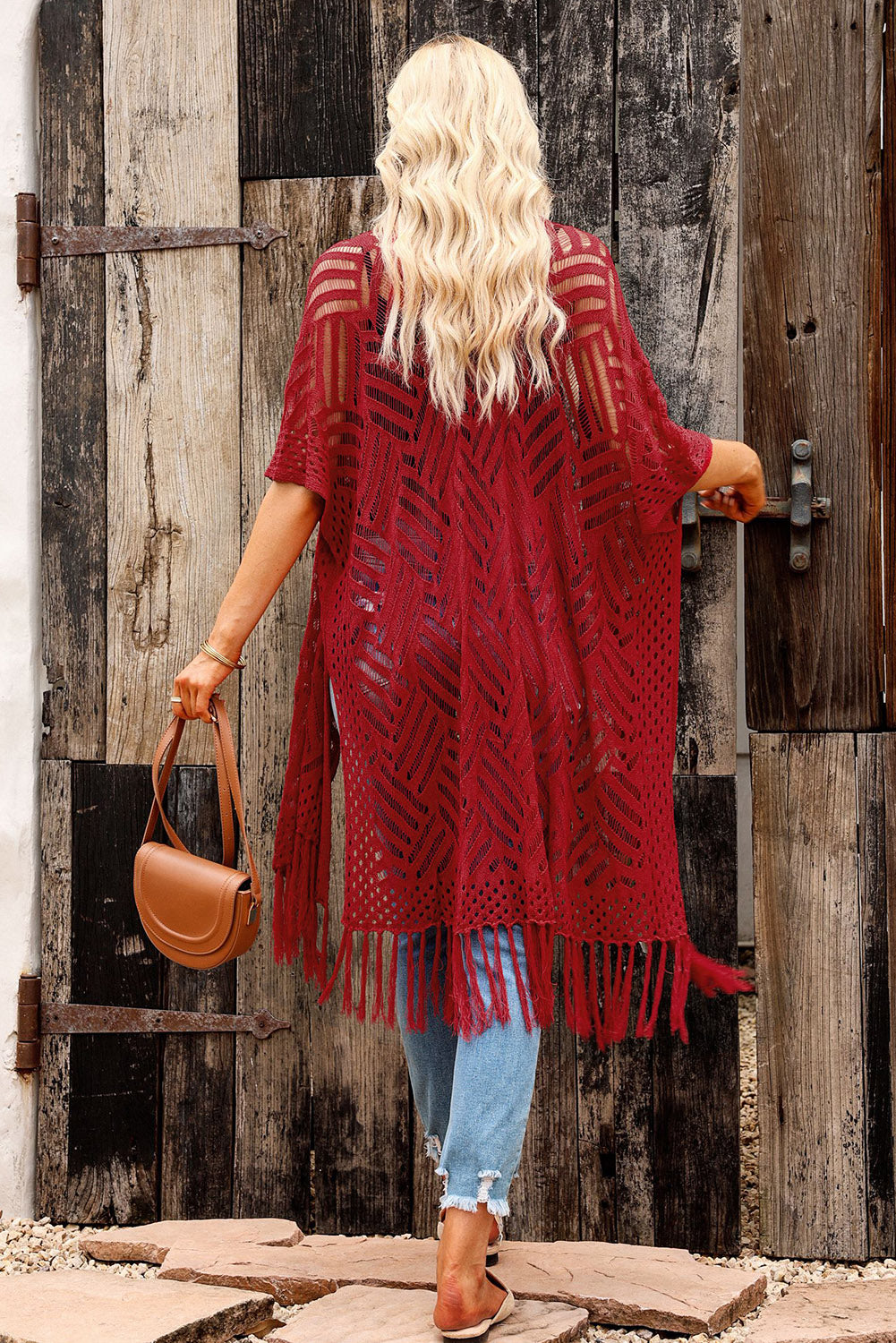 Openwork Open Front Cardigan with Fringes - The Boutie Shop