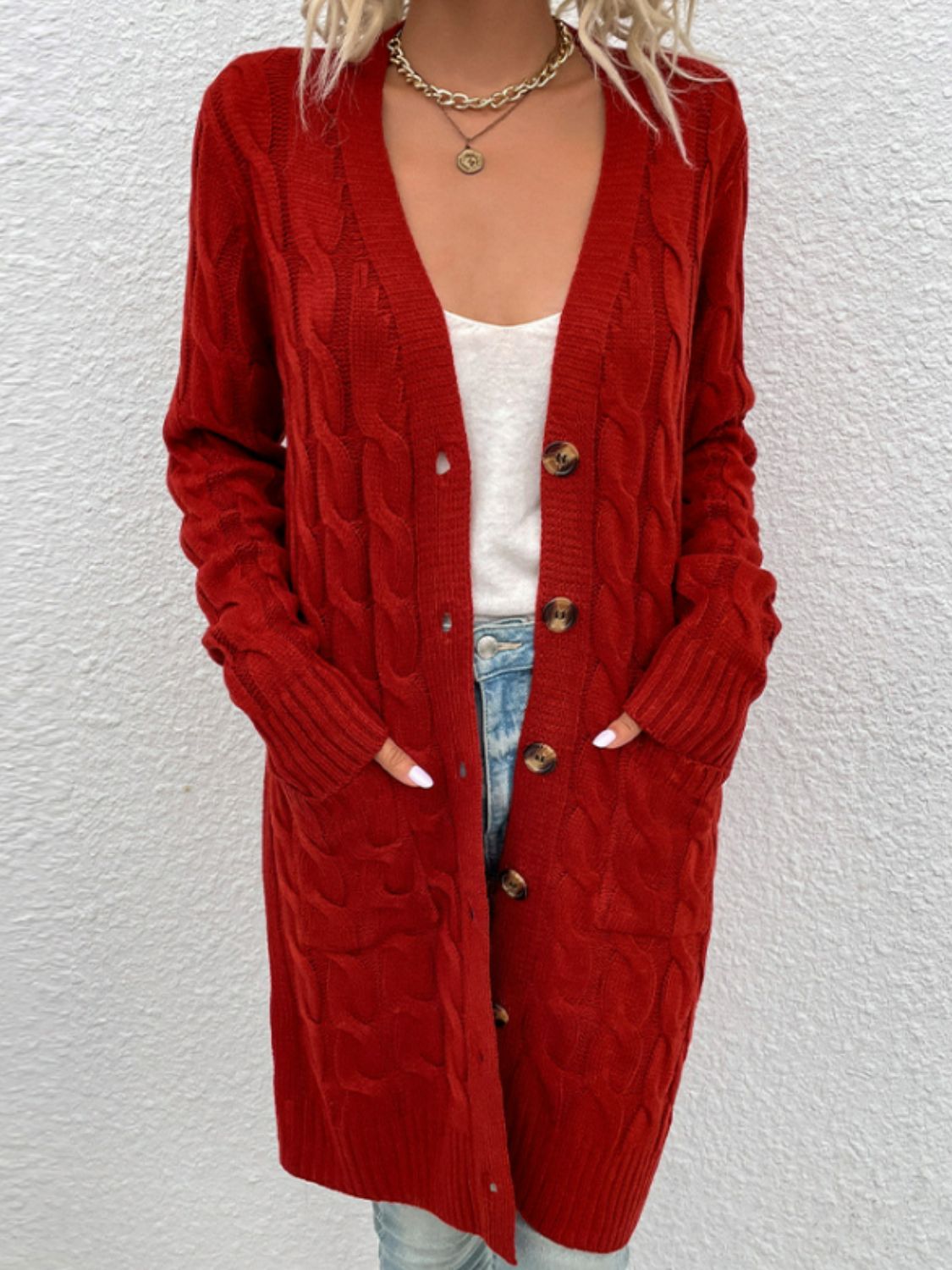 Cable-Knit Button Down Cardigan with Pockets - The Boutie Shop