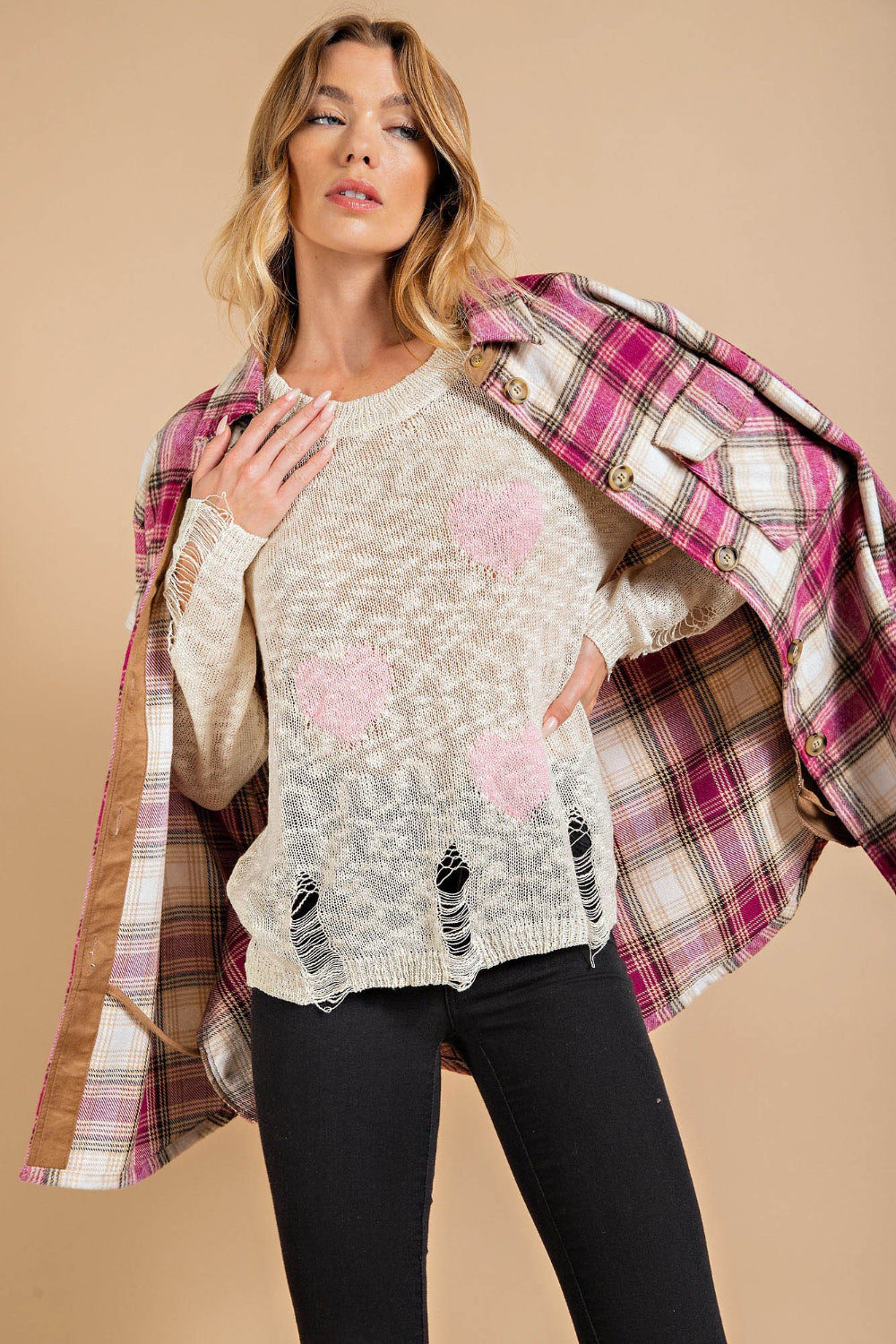 Kori America Heart Pattern Distressed Sweater - The Boutie Shop