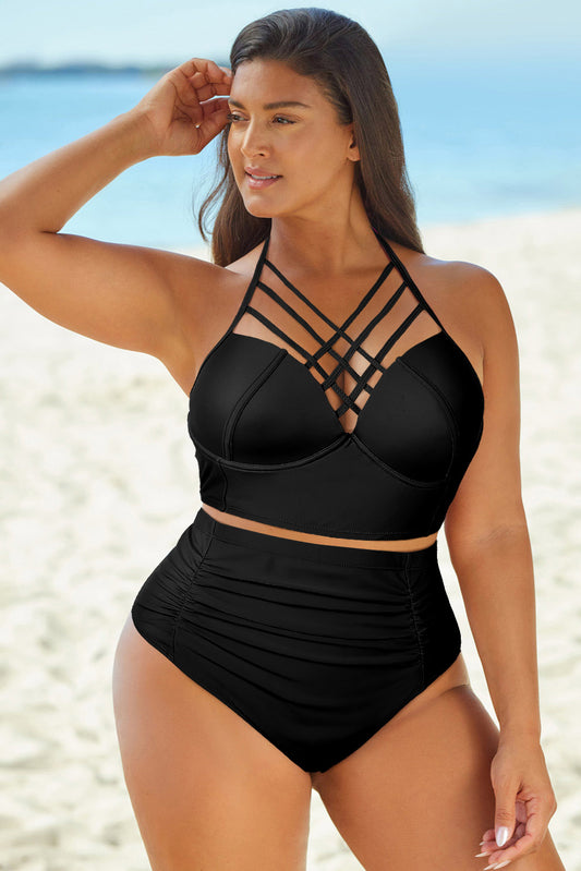 Full Size Halter Neck Crisscross Ruched Two-Piece Swimsuit - The Boutie Shop