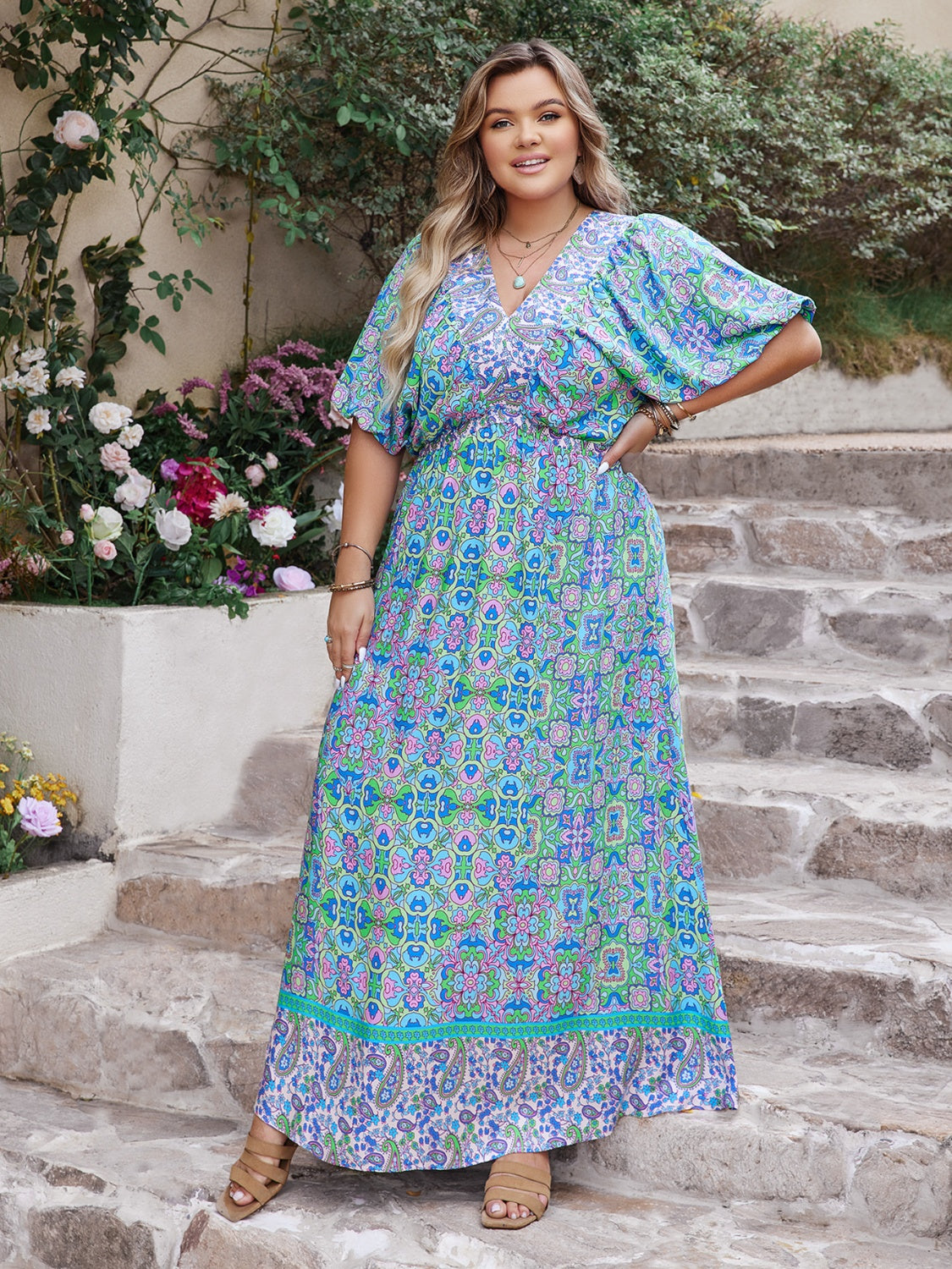 Plus Size Printed V-Neck Balloon Sleeve Dress - The Boutie Shop