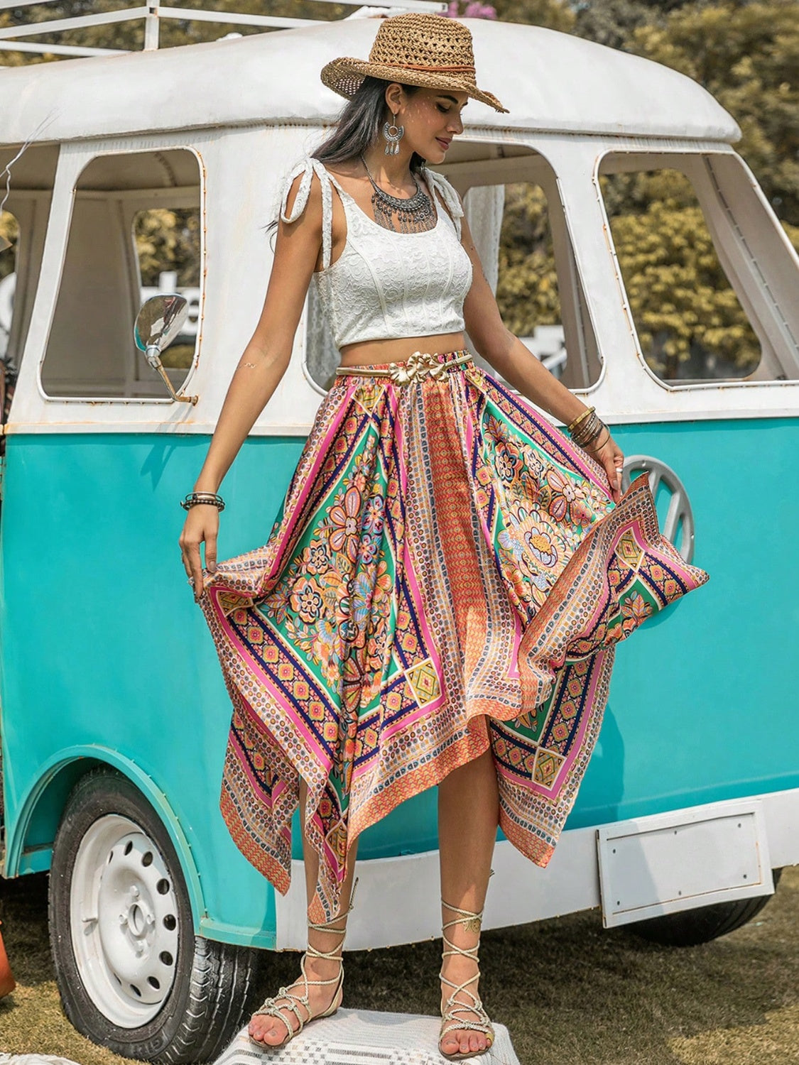 Printed High Waist Handkerchief Hem Skirt - The Boutie Shop