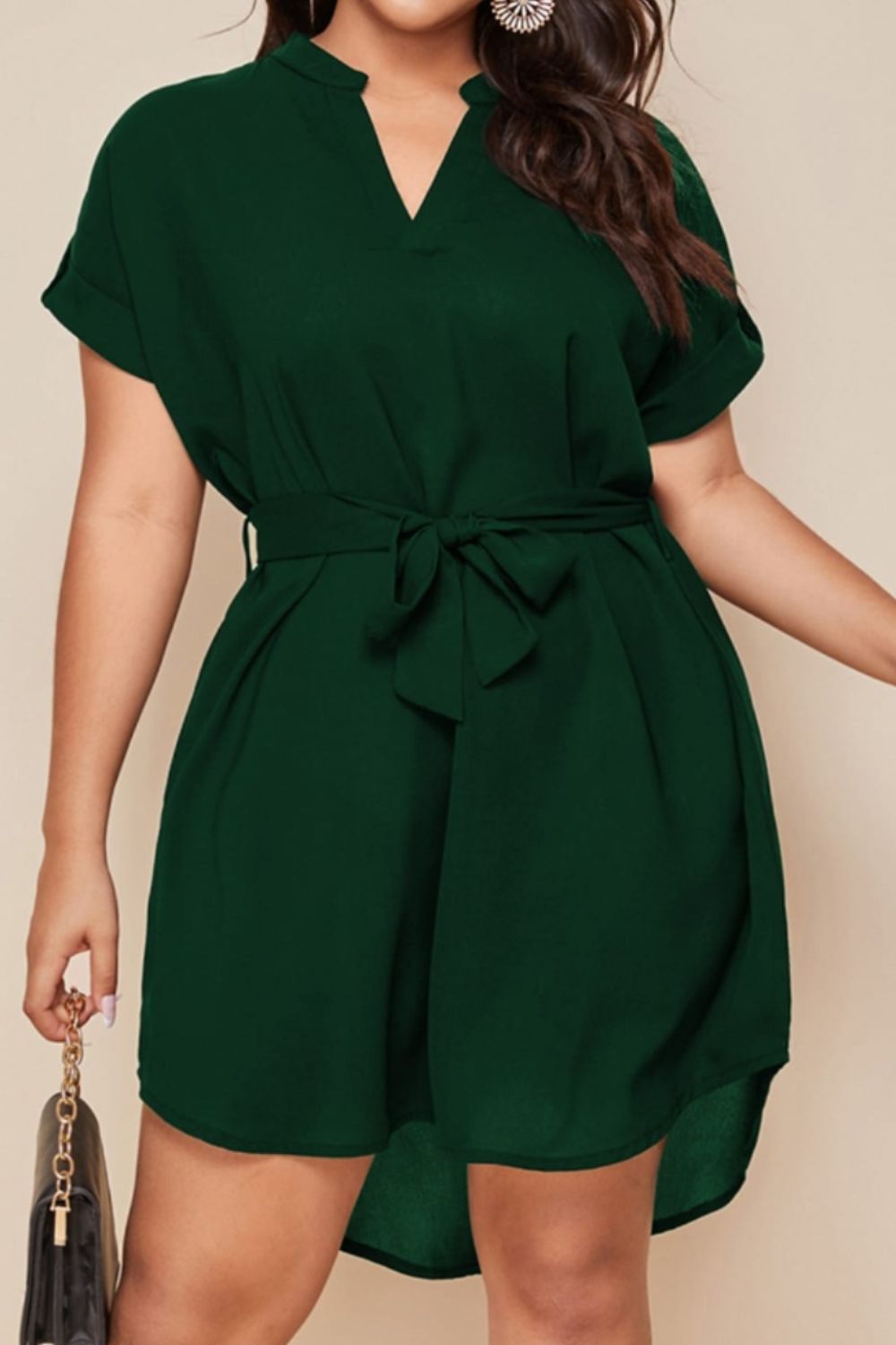 Plus Size Notched Tie Waist Mini Dress - The Boutie Shop