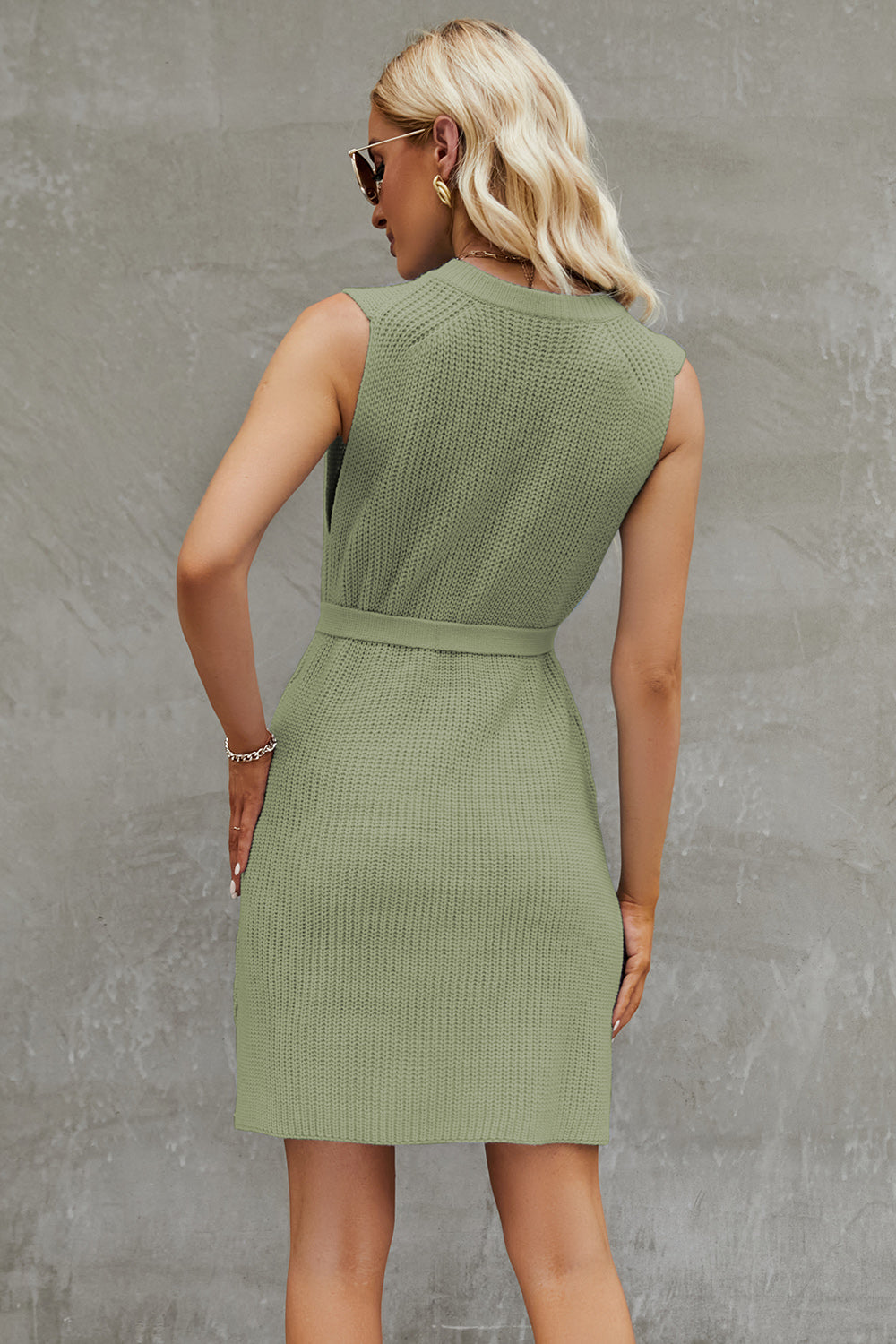 Tied Round Neck Sleeveless Sweater Dress - The Boutie Shop