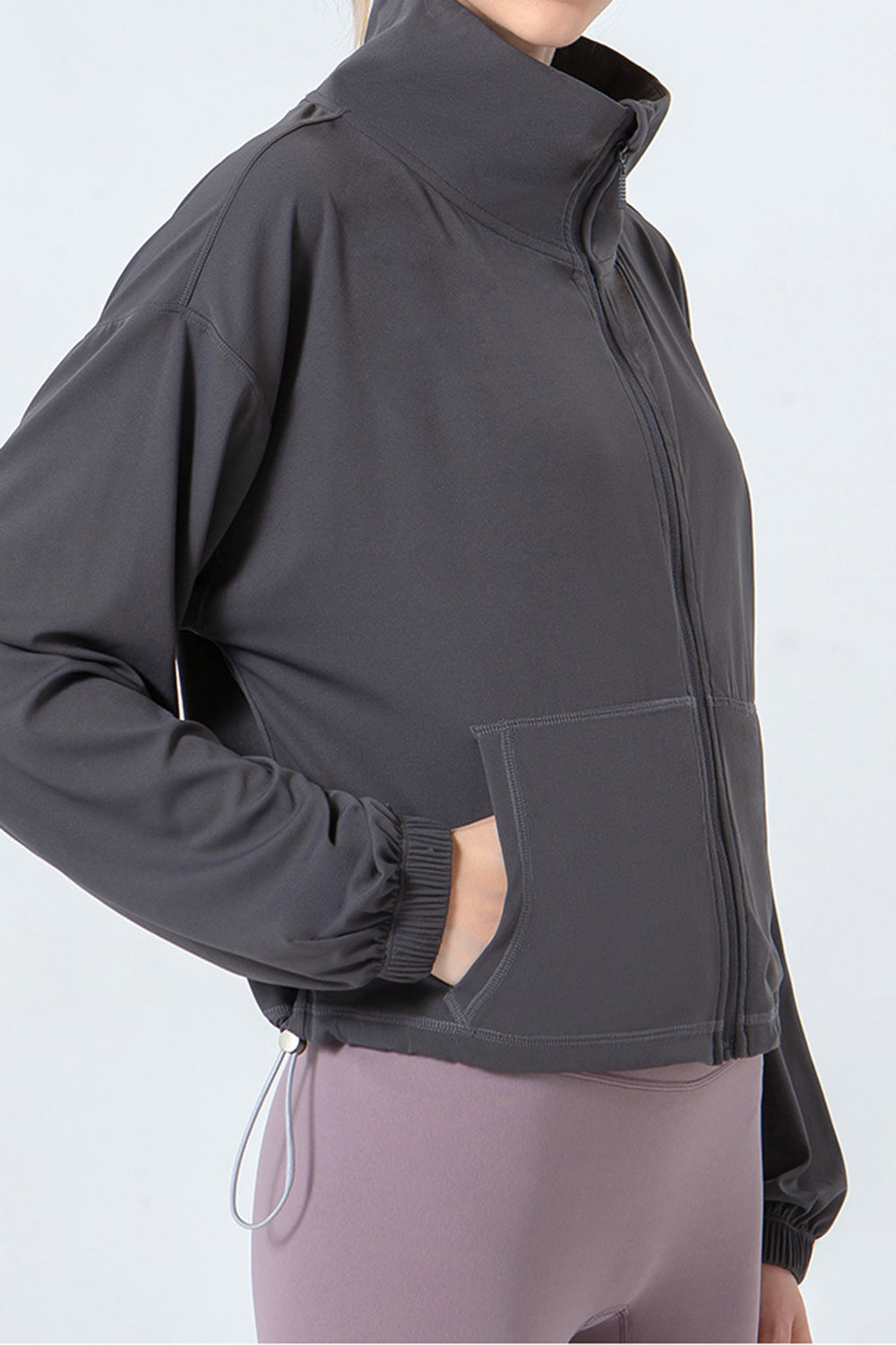 Drawstring Zip Up Dropped Shoulder Active Outerwear - The Boutie Shop