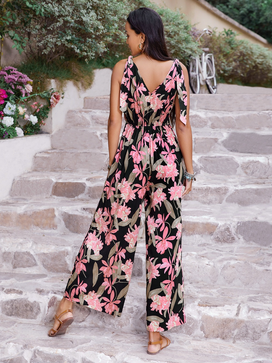 Printed V-Neck Sleeveless Jumpsuit - The Boutie Shop