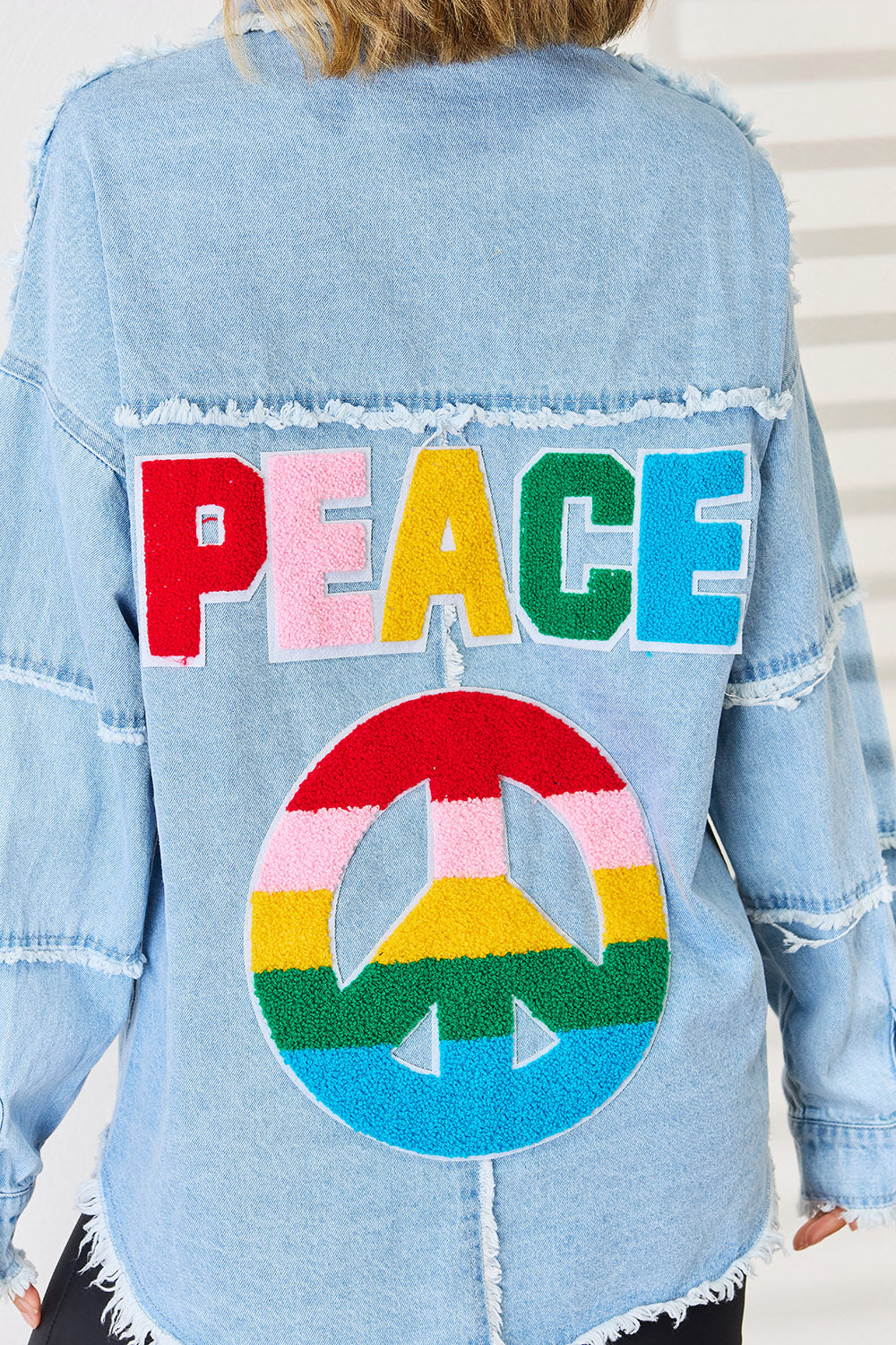 PEACE Raw Hem Dropped Shoulder Denim Top - The Boutie Shop