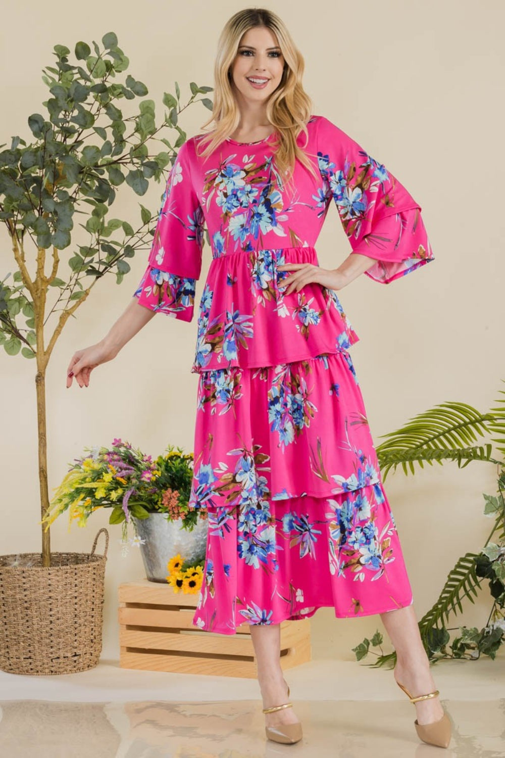 Celeste Full Size Floral Ruffle Tiered Midi Dress - The Boutie Shop