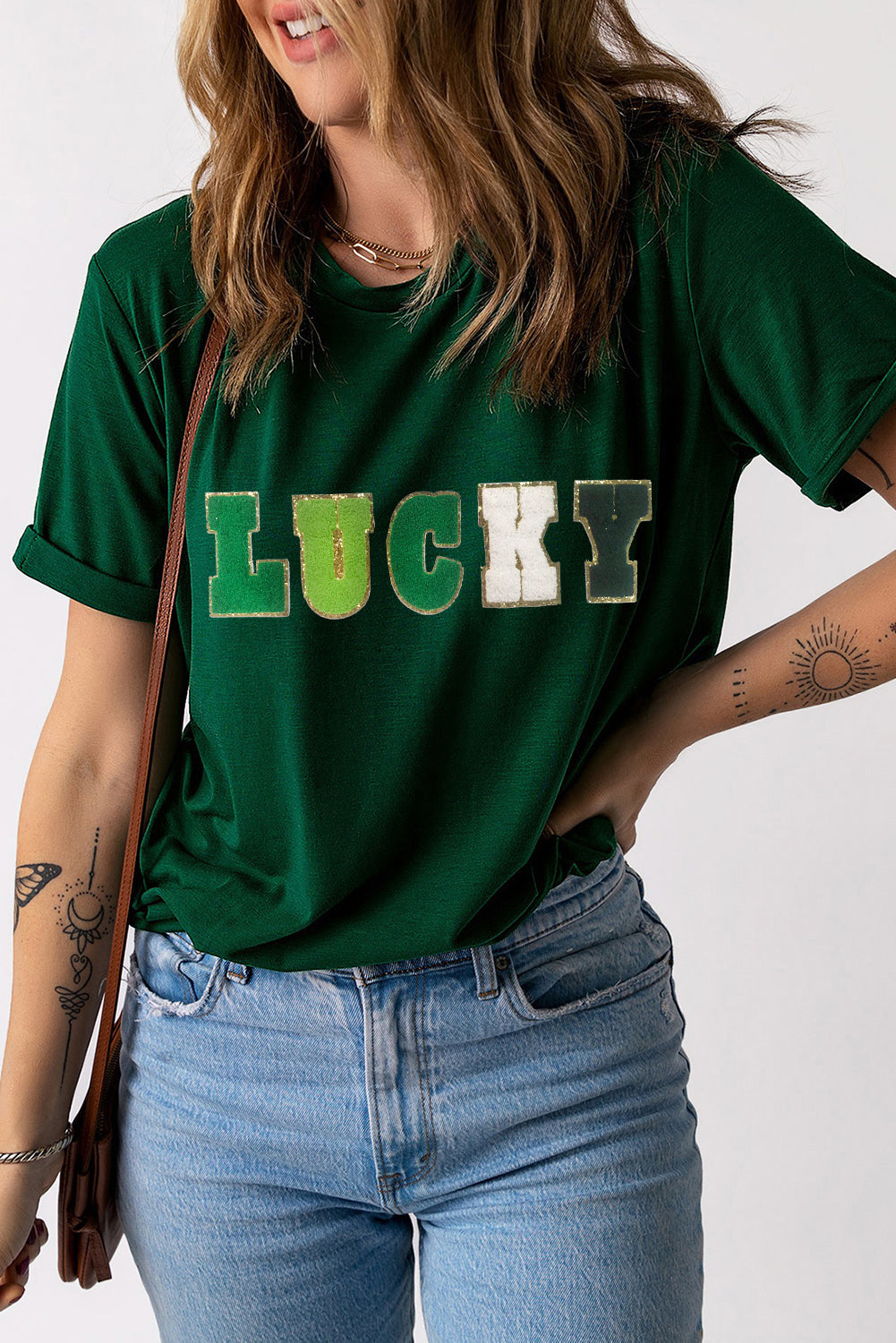 LUCKY Round Neck Short Sleeve T-Shirt - The Boutie Shop