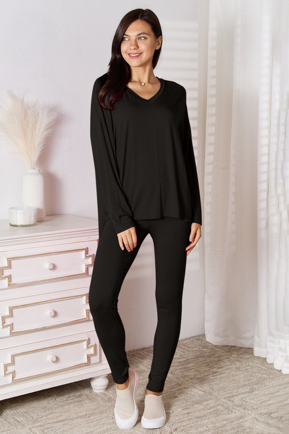 Basic Bae Full Size V-Neck Soft Rayon Long Sleeve Top and Pants Lounge Set - The Boutie Shop