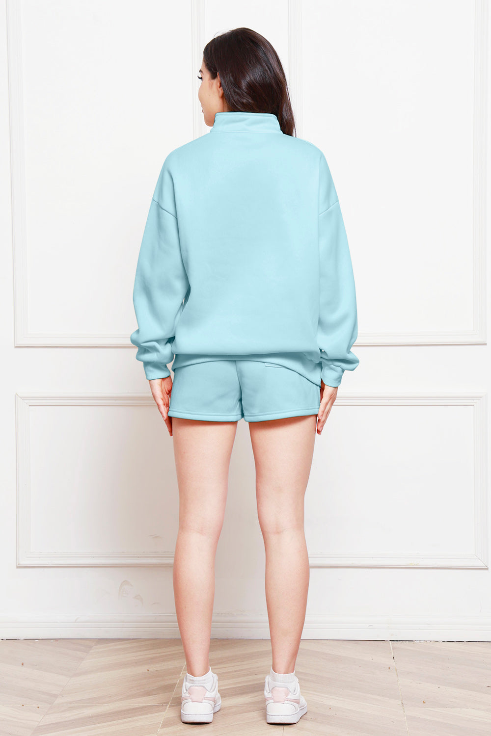 Half Zip Long Sleeve Sweatshirt and Drawstring Shorts Set - The Boutie Shop