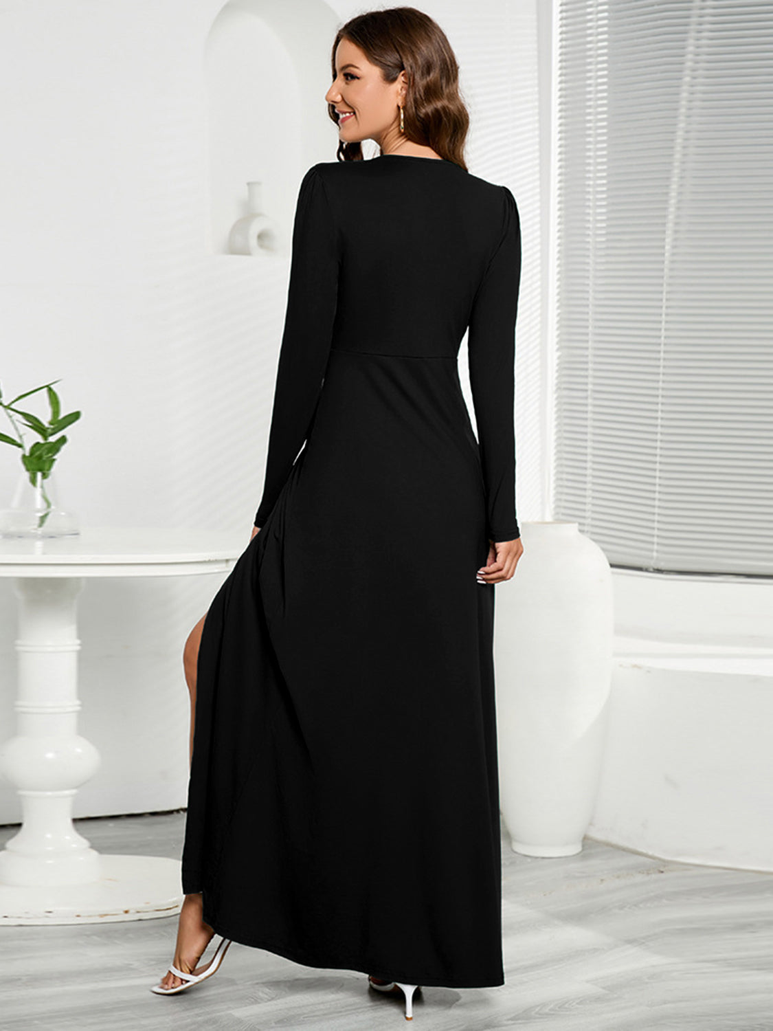 V-Neck Long Sleeve Split Dress - The Boutie Shop