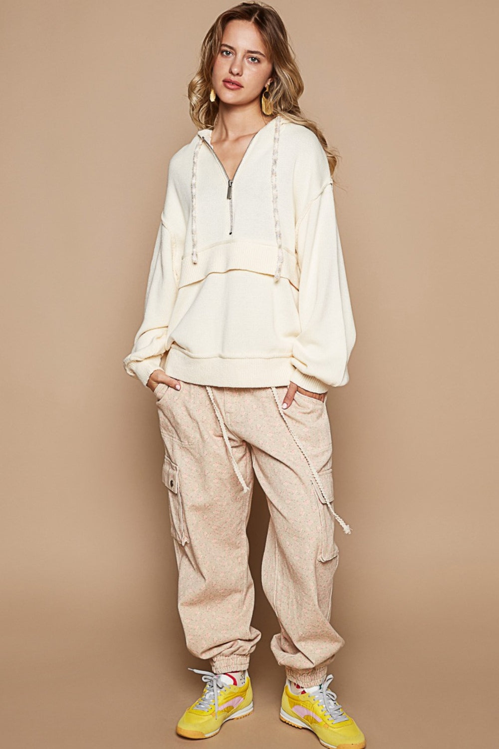 POL Half Zip Drop Shoulder Hooded Sweater - The Boutie Shop