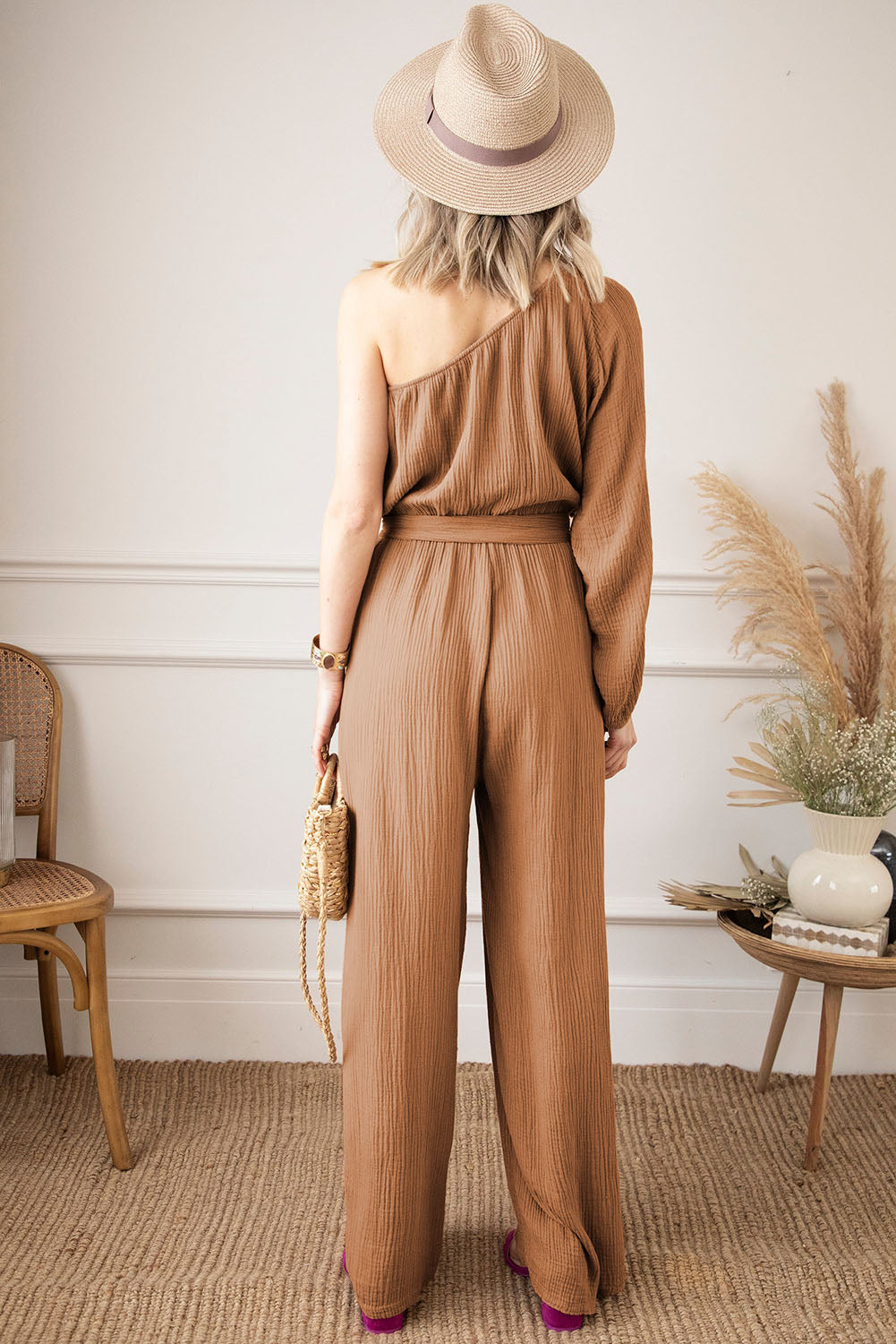 Texture Single Shoulder Tie-Waist Jumpsuit - The Boutie Shop