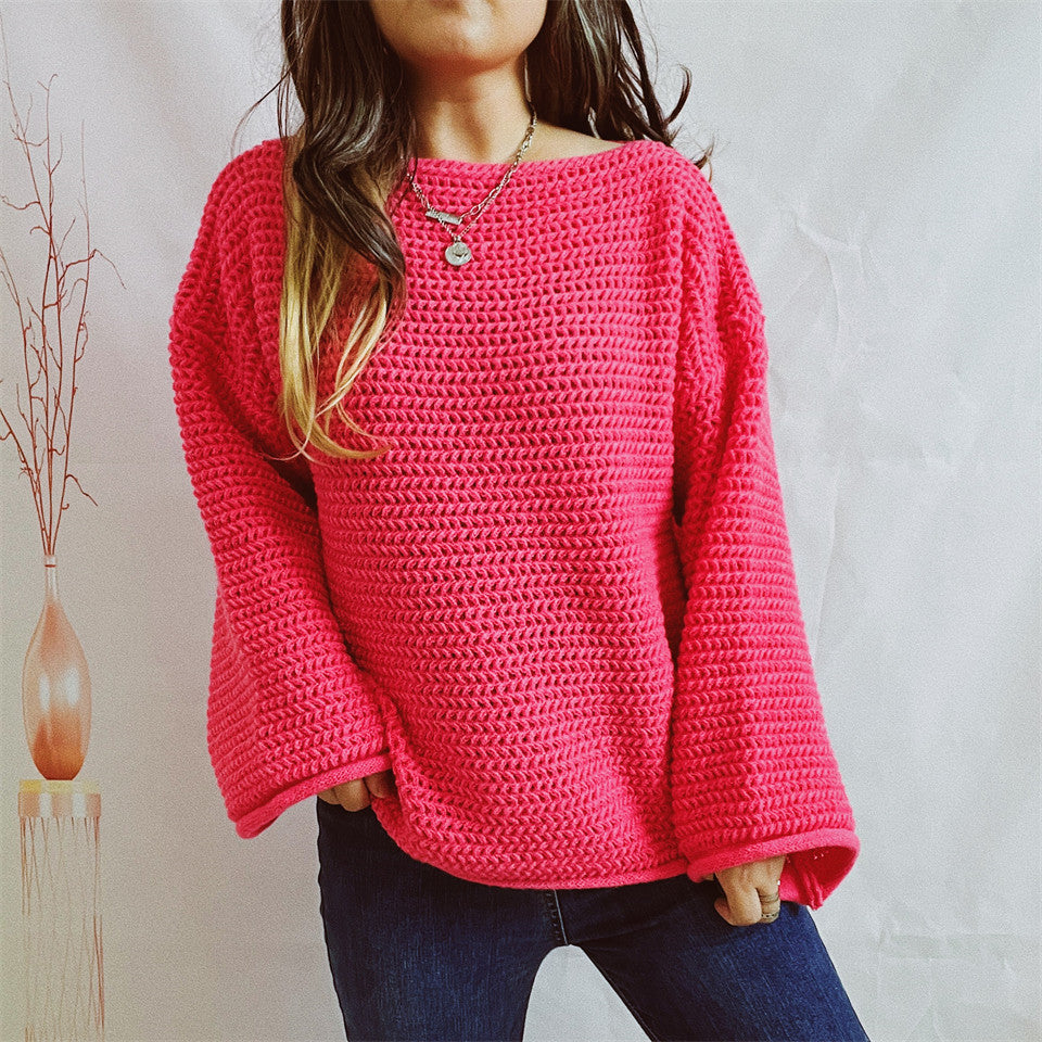 Openwork Boat Neck Long Sleeve Sweater - The Boutie Shop