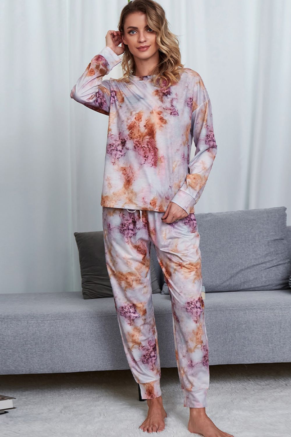 Shiny Tie-Dye Crewneck Top and Drawstring Waist Joggers Lounge Set - The Boutie Shop