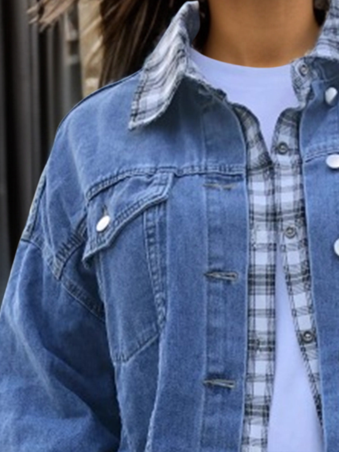 Plus Size Plaid Collared Neck Raw Hem Denim Jacket - The Boutie Shop