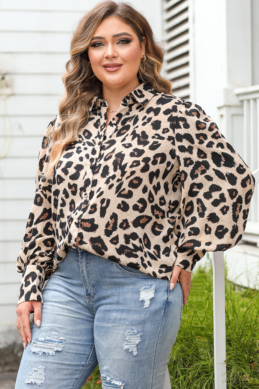 Plus Size Printed Long Sleeve Shirt - The Boutie Shop