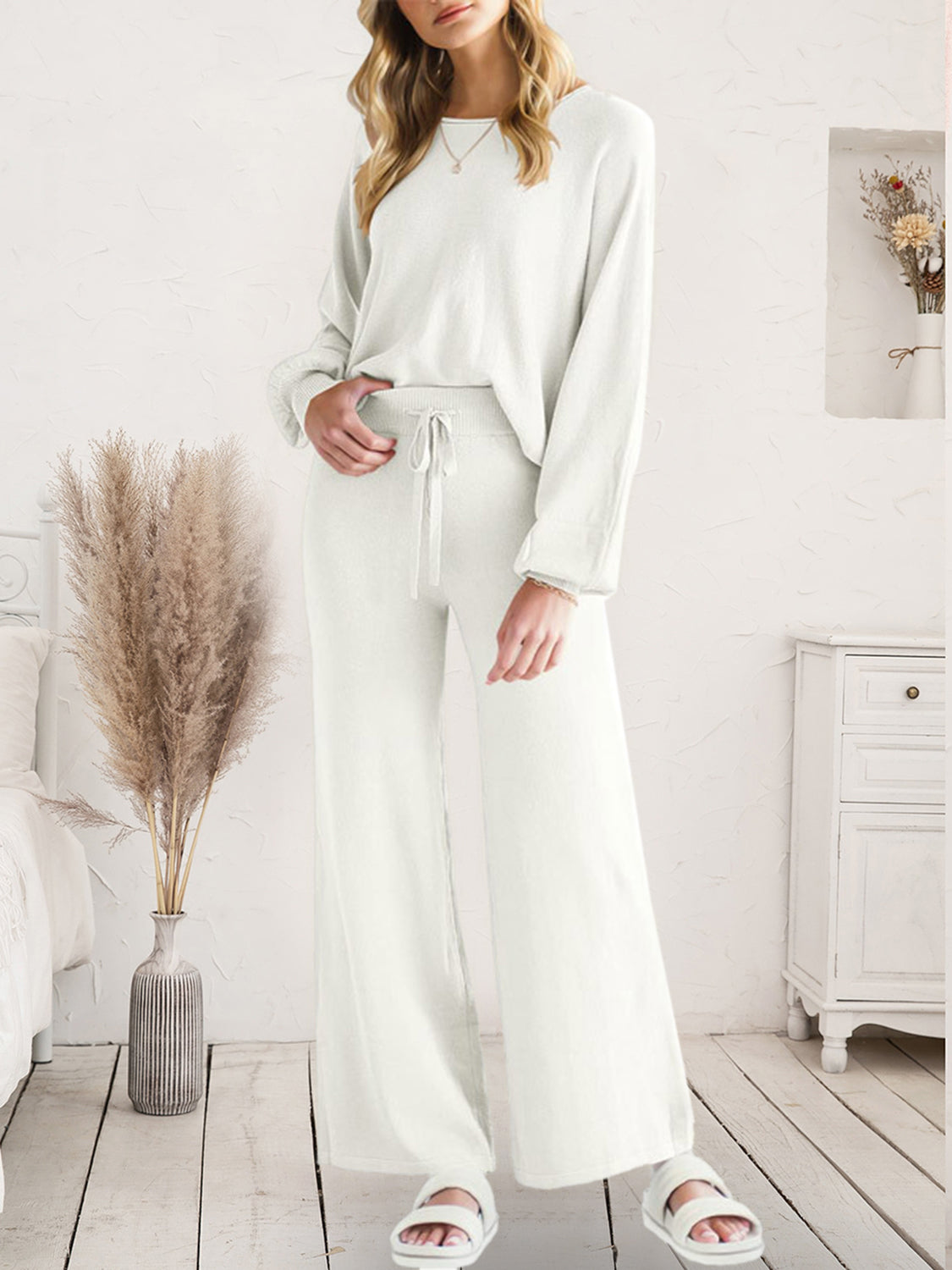 Long Sleeve Lounge Top and Drawstring Pants Set - The Boutie Shop