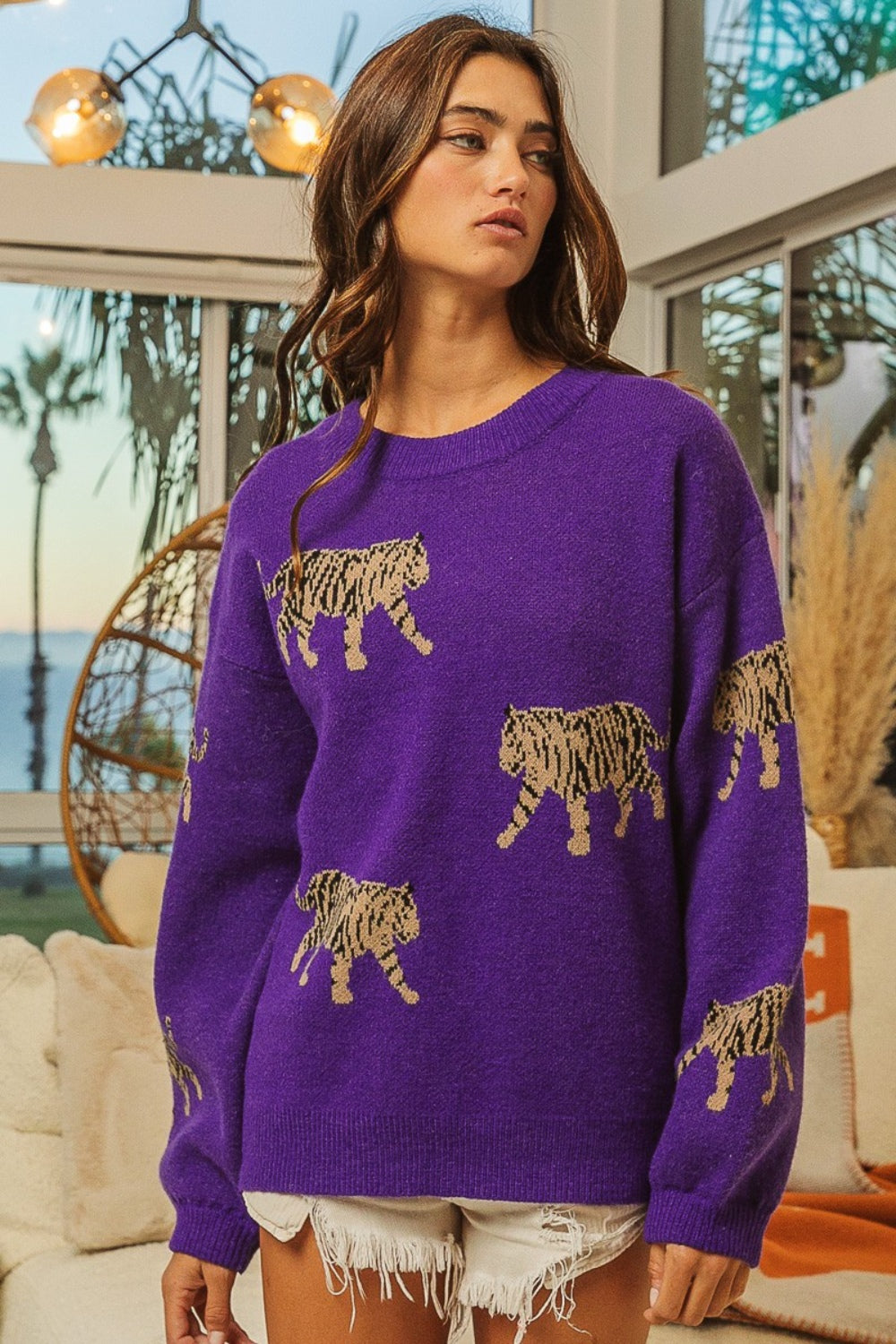 BiBi Tiger Pattern Long Sleeve Sweater - The Boutie Shop