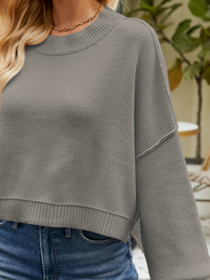 Round Neck Lantern Sleeve Sweater - The Boutie Shop