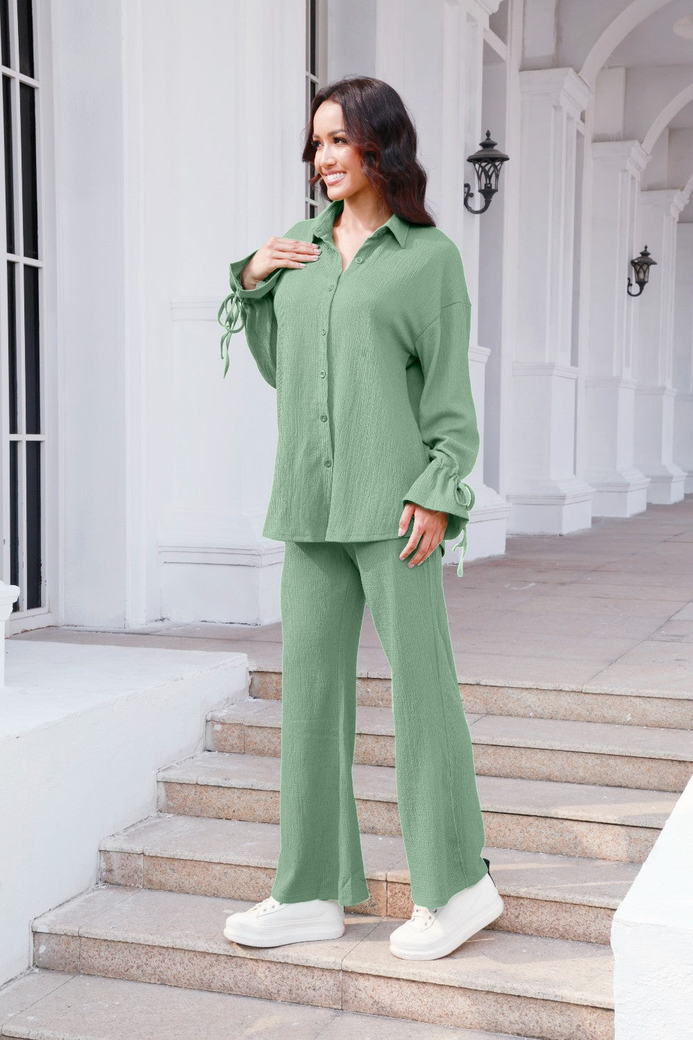 Drawstring Flounce Sleeve Shirt and Pants Set - The Boutie Shop