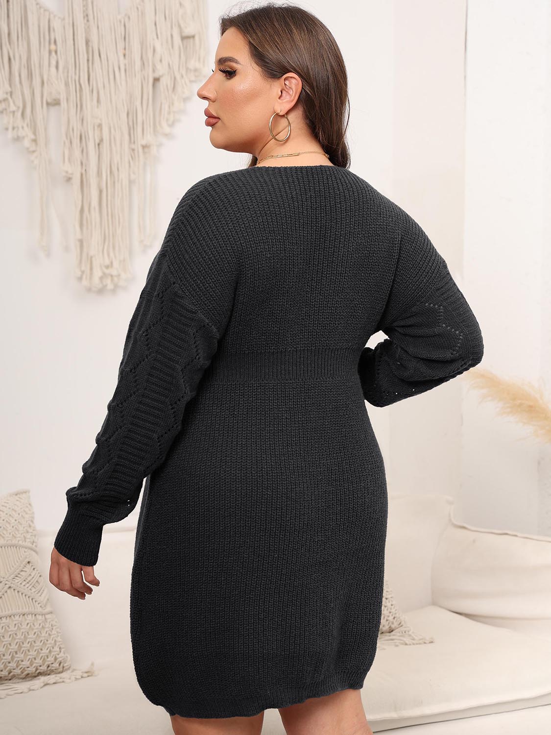 Plus Size Dropped Shoulder Long Sleeve Knit Mini Dress - The Boutie Shop