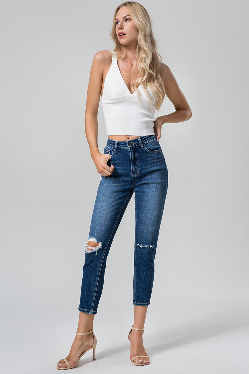 BAYEAS Full Size High Waist Distressed Washed Cropped Mom Jeans - The Boutie Shop