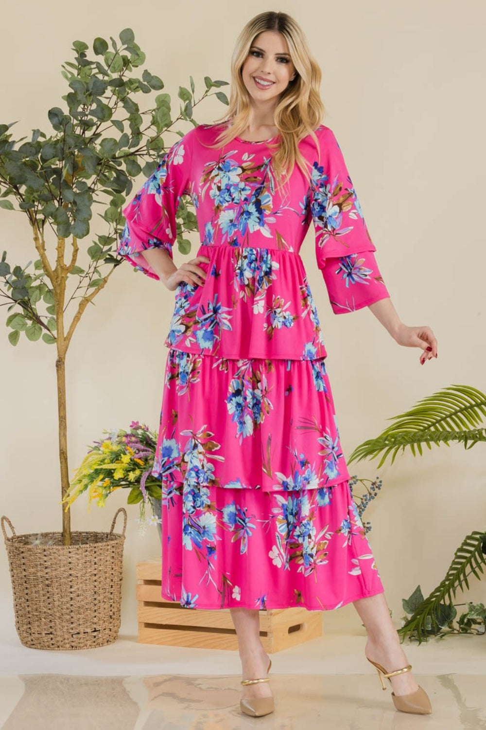 Celeste Full Size Floral Ruffle Tiered Midi Dress - The Boutie Shop