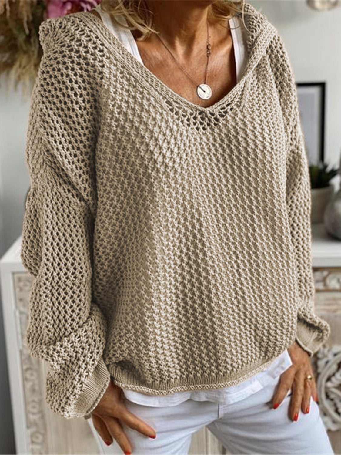 Openwork Hooded Long Sleeve Sweater - The Boutie Shop