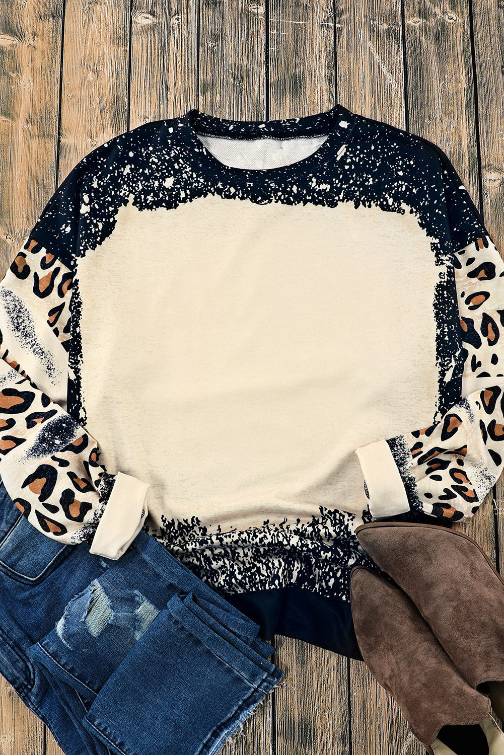 Leopard Round Neck Long Sleeve Sweatshirt - The Boutie Shop