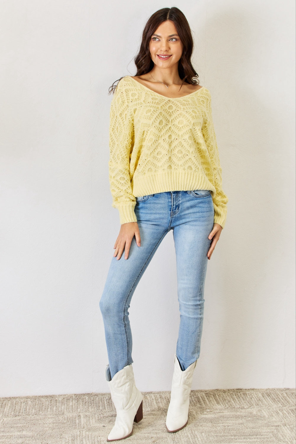 HYFVE V-Neck Patterned Long Sleeve Sweater - The Boutie Shop