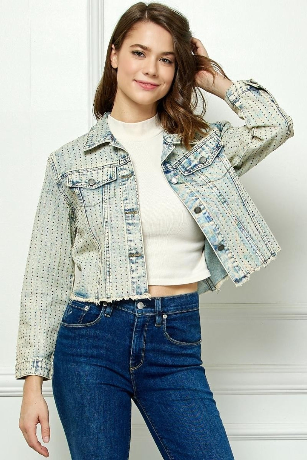 Veveret Multi Color Stripe Rhinestone Raw Hem Denim Jacket - The Boutie Shop